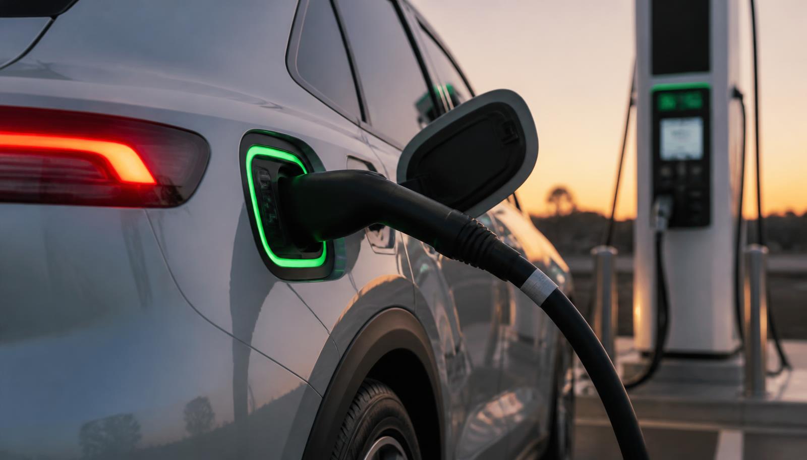Hyundai Ioniq 5 2026 charging port with a DC fast-charging cable plugged in at a public charging station