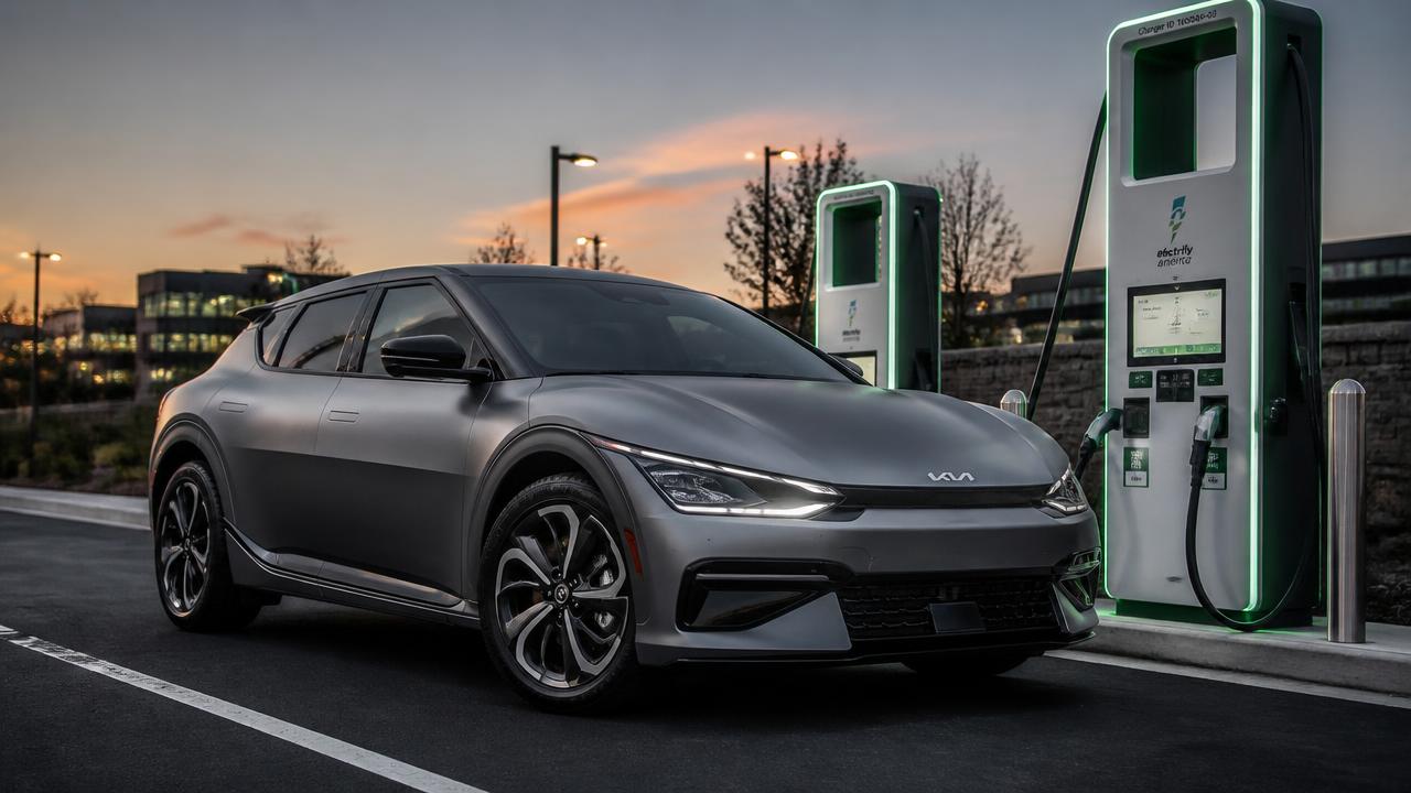 2026 Kia EV6 in matte grey charging at a DC fast charging station