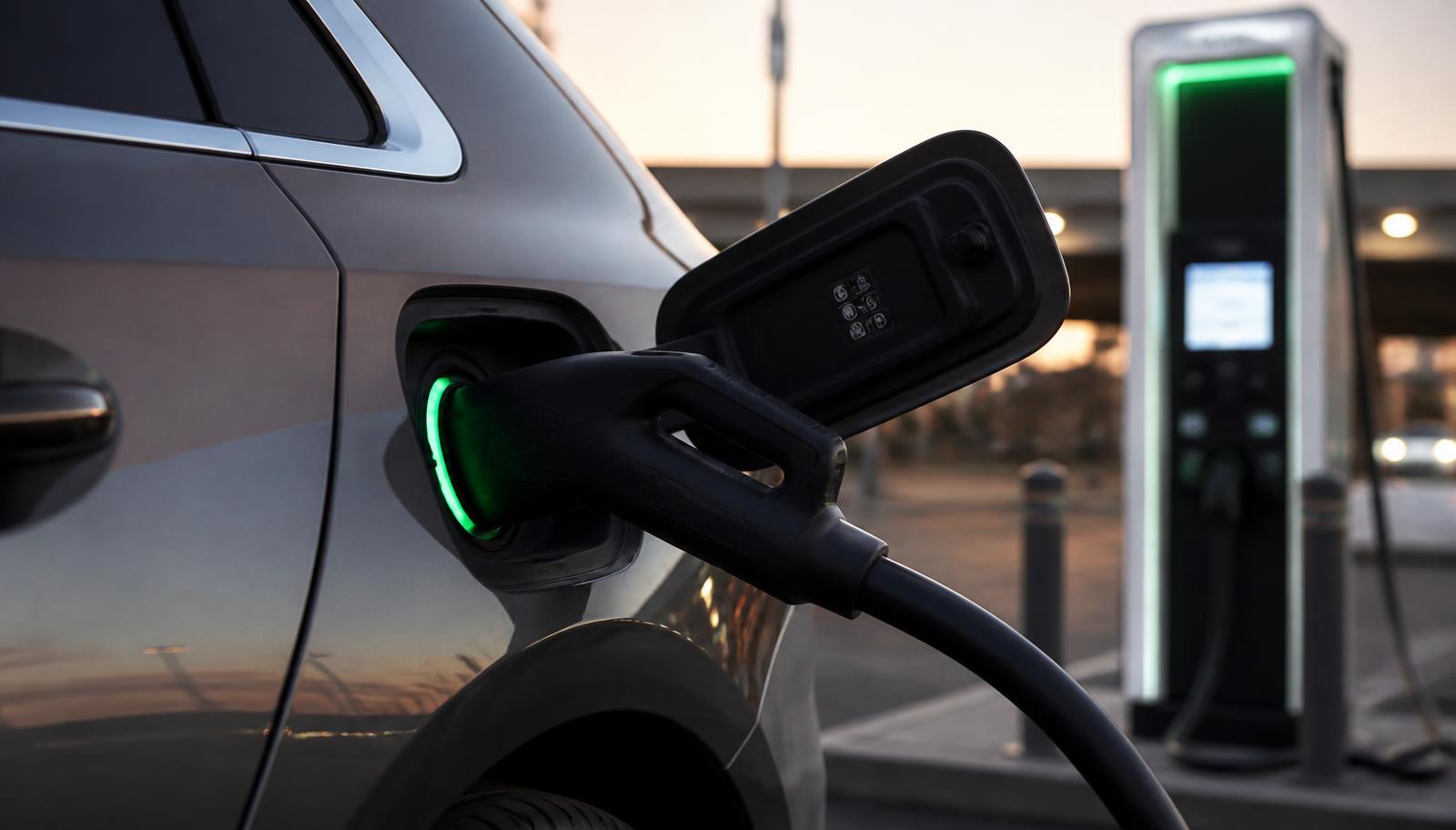 Tesla Model 3 2026 charging port with connector plugged in at a DC fast charging station