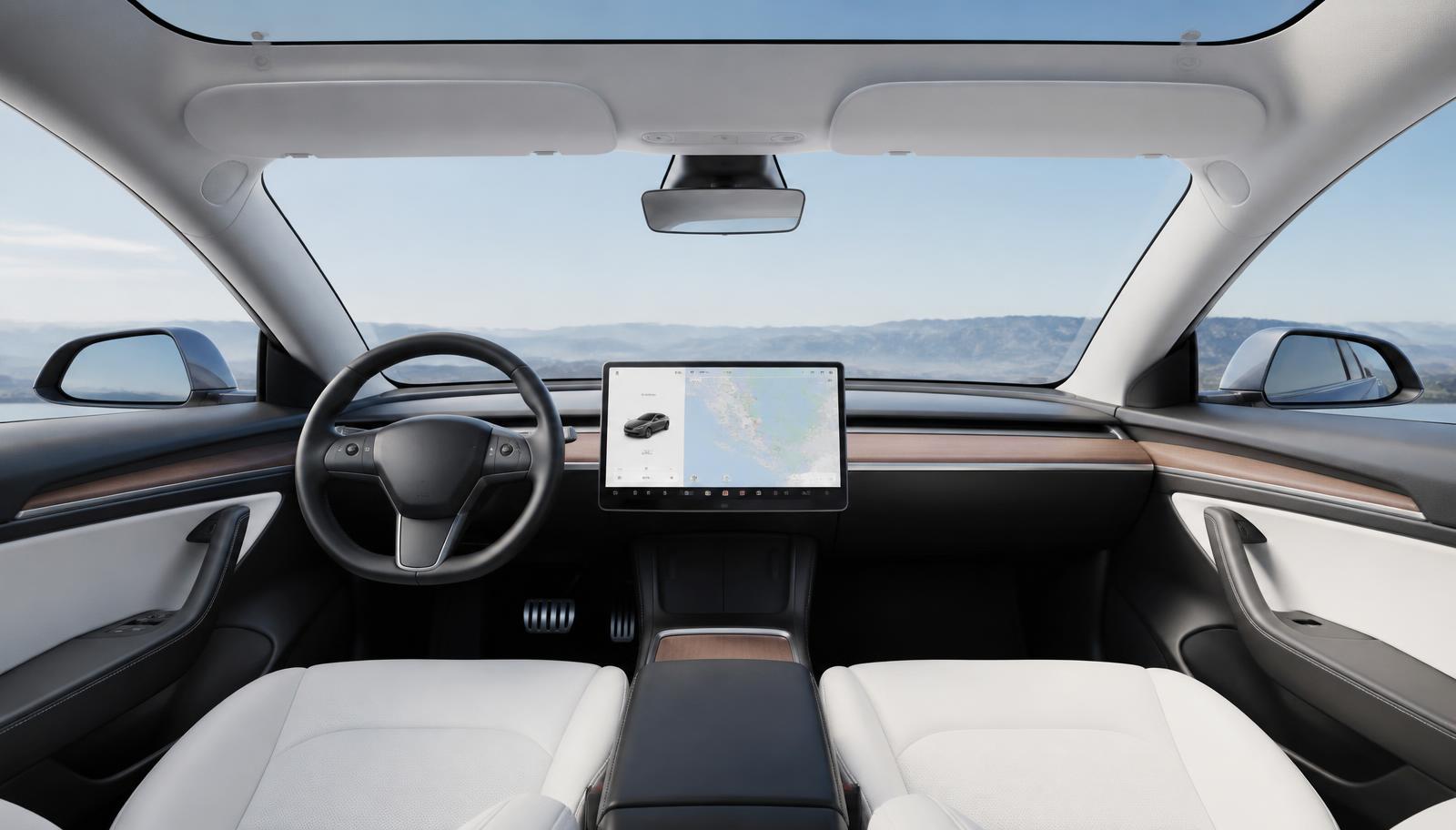Tesla Model 3 2026 interior and dashboard with 15.4-inch centre touchscreen and glass roof